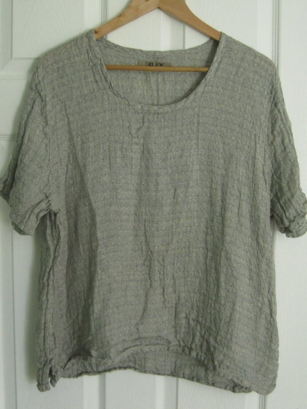 Flax 100% Linen Short-Sleve Top Size L Scoop Neck Grey Green Lagenlook Blouse